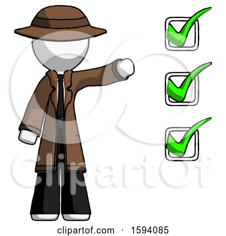 White Detective Man Standing by List of Checkmarks by Leo Blanchette