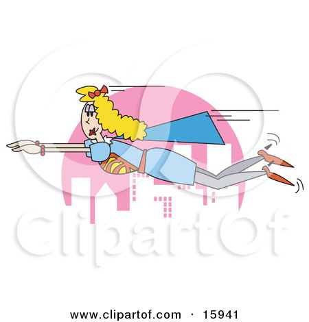Blond Super Woman In A Blue Cape And Dress, Flying High Up Above A City To Rescue Someone Clipart Illustration by Andy Nortnik