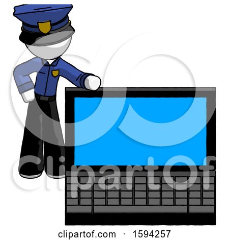 White Police Man Beside Large Laptop Computer, Leaning Against It by Leo Blanchette