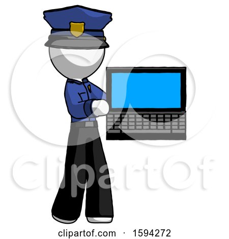 White Police Man Holding Laptop Computer Presenting Something on Screen by Leo Blanchette