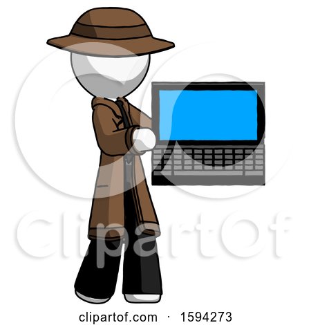 White Detective Man Holding Laptop Computer Presenting Something on Screen by Leo Blanchette