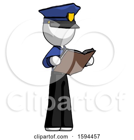 White Police Man Reading Book While Standing up Facing Away by Leo Blanchette
