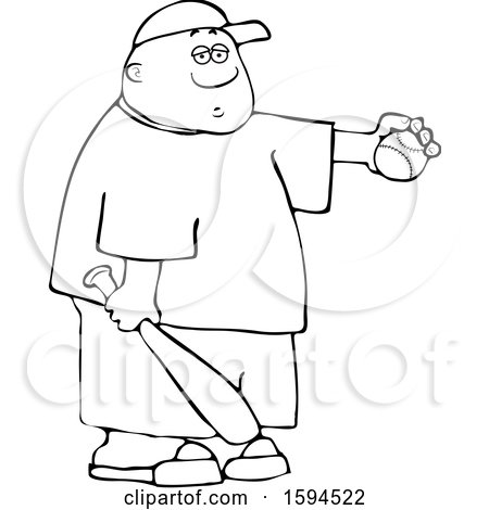 Clipart of a Cartoon Lineart Black Boy Athlete Holding a Baseball and Bat - Royalty Free Vector Illustration by djart