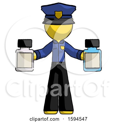 Yellow Police Man Holding Two Medicine Bottles by Leo Blanchette