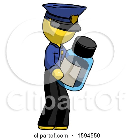 Yellow Police Man Holding Glass Medicine Bottle by Leo Blanchette