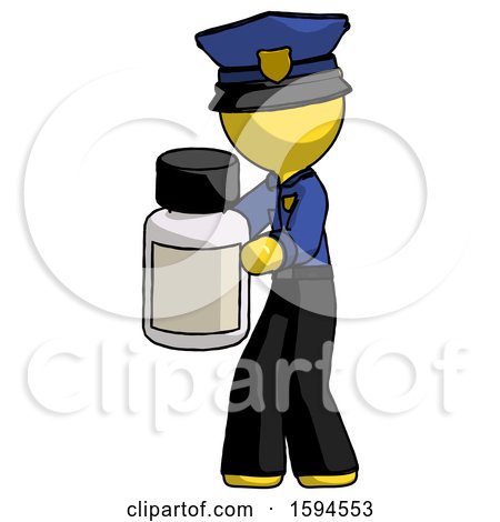 Yellow Police Man Holding White Medicine Bottle by Leo Blanchette
