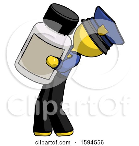 Yellow Police Man Holding Large White Medicine Bottle by Leo Blanchette