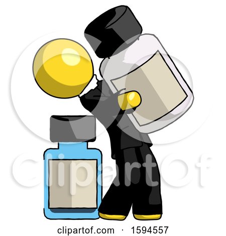 Yellow Clergy Man Holding Large White Medicine Bottle with Bottle in Background by Leo Blanchette