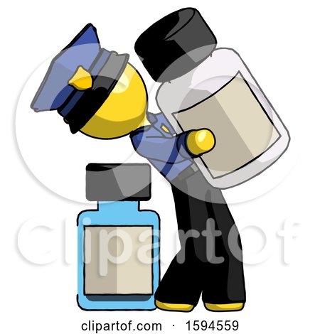 Yellow Police Man Holding Large White Medicine Bottle with Bottle in Background by Leo Blanchette