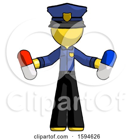 Yellow Police Man Holding a Red Pill and Blue Pill by Leo Blanchette
