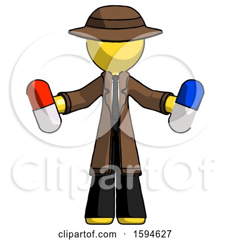 Yellow Detective Man Holding a Red Pill and Blue Pill by Leo Blanchette