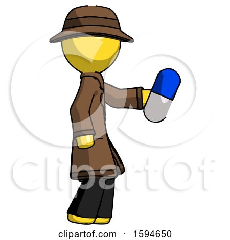 Yellow Detective Man Holding Blue Pill Walking to Right by Leo Blanchette