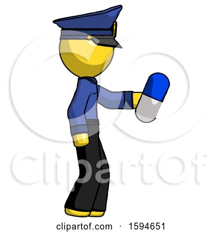 Yellow Police Man Holding Blue Pill Walking to Right by Leo Blanchette