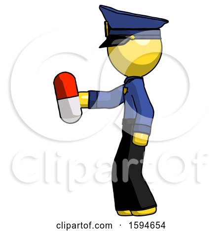 Yellow Police Man Holding Red Pill Walking to Left by Leo Blanchette
