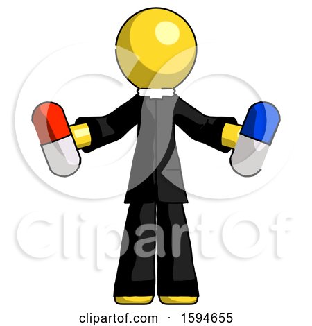 Yellow Clergy Man Holding a Red Pill and Blue Pill by Leo Blanchette