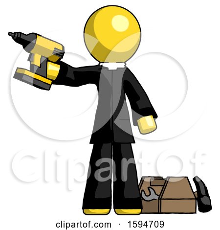 Yellow Clergy Man Holding Drill Ready to Work, Toolchest and Tools to Right by Leo Blanchette
