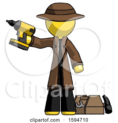 Yellow Detective Man Holding Drill Ready to Work, Toolchest and Tools to Right by Leo Blanchette