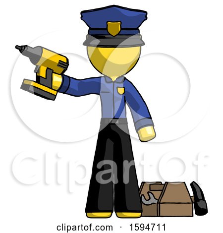 Yellow Police Man Holding Drill Ready to Work, Toolchest and Tools to Right by Leo Blanchette