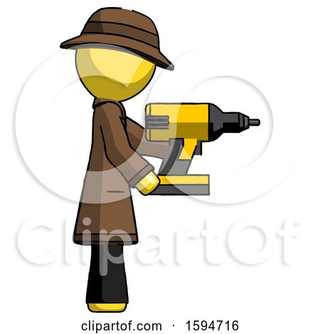 Yellow Detective Man Using Drill Drilling Something on Right Side by Leo Blanchette