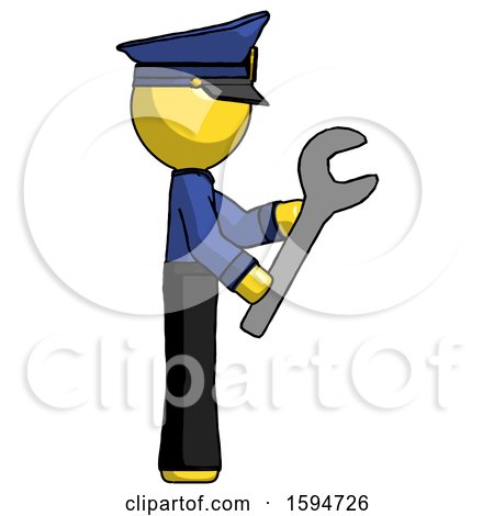 Yellow Police Man Using Wrench Adjusting Something to Right by Leo Blanchette