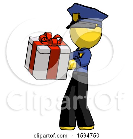 Yellow Police Man Presenting a Present with Large Red Bow on It by Leo Blanchette