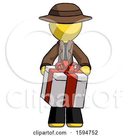 Yellow Detective Man Gifting Present with Large Bow Front View by Leo Blanchette