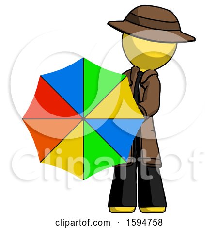 Yellow Detective Man Holding Rainbow Umbrella out to Viewer by Leo Blanchette
