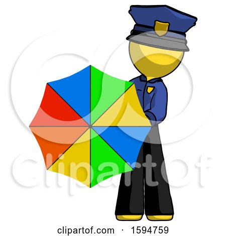 Yellow Police Man Holding Rainbow Umbrella out to Viewer by Leo Blanchette