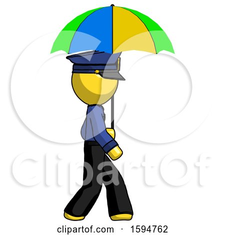 Yellow Police Man Walking with Colored Umbrella by Leo Blanchette