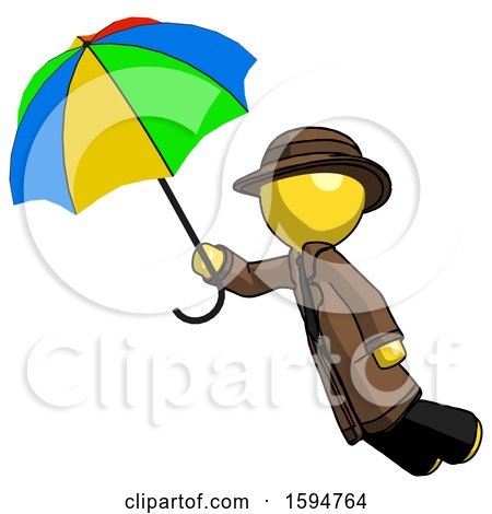 Yellow Detective Man Flying with Rainbow Colored Umbrella by Leo Blanchette