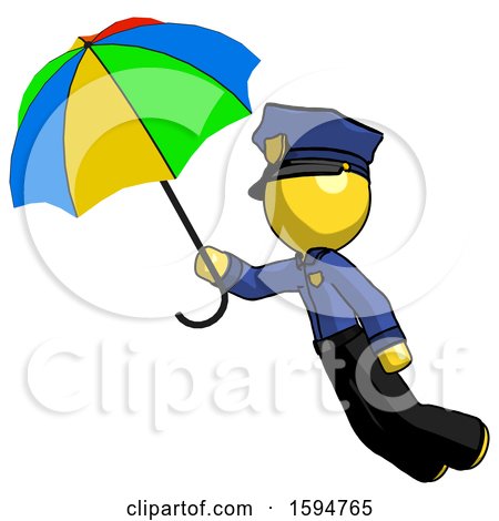 Yellow Police Man Flying with Rainbow Colored Umbrella by Leo Blanchette
