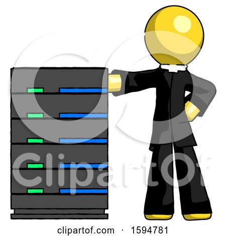 Yellow Clergy Man with Server Rack Leaning Confidently Against It by Leo Blanchette