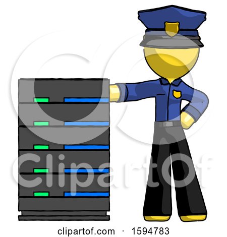 Yellow Police Man with Server Rack Leaning Confidently Against It by Leo Blanchette