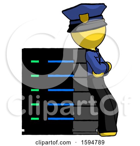 Yellow Police Man Resting Against Server Rack Viewed at Angle by Leo Blanchette