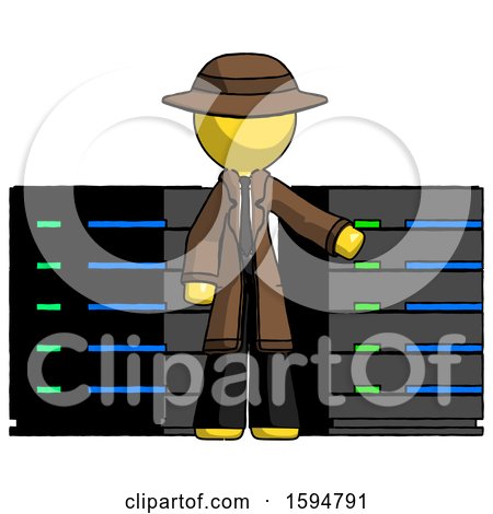 Yellow Detective Man with Server Racks, in Front of Two Networked Systems by Leo Blanchette