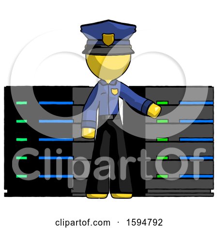 Yellow Police Man with Server Racks, in Front of Two Networked Systems by Leo Blanchette