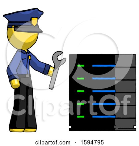 Yellow Police Man Server Administrator Doing Repairs by Leo Blanchette