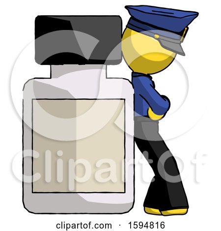 Yellow Police Man Leaning Against Large Medicine Bottle by Leo Blanchette