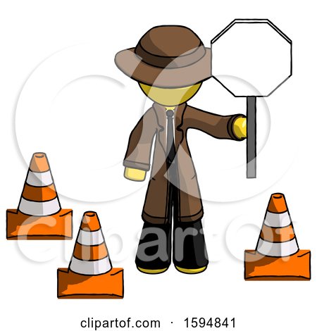 Yellow Detective Man Holding Stop Sign by Traffic Cones Under Construction Concept by Leo Blanchette