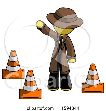 Yellow Detective Man Standing by Traffic Cones Waving by Leo Blanchette