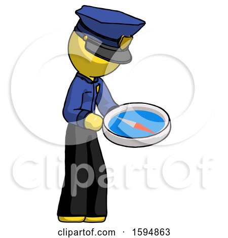 Yellow Police Man Looking at Large Compass Facing Right by Leo Blanchette