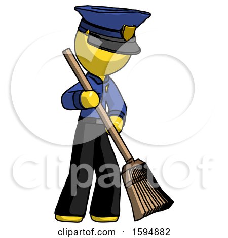 Yellow Police Man Sweeping Area with Broom by Leo Blanchette