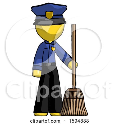 Yellow Police Man Standing with Broom Cleaning Services by Leo Blanchette