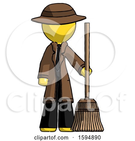 Yellow Detective Man Standing with Broom Cleaning Services by Leo Blanchette