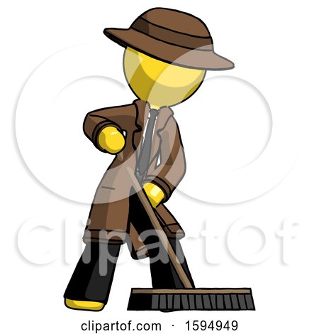 Yellow Detective Man Cleaning Services Janitor Sweeping Floor with Push Broom by Leo Blanchette