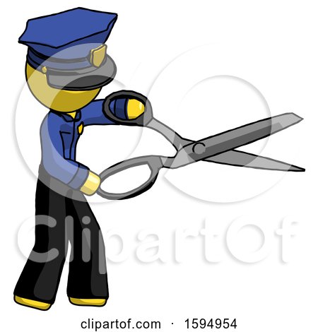 Yellow Police Man Holding Giant Scissors Cutting out Something by Leo Blanchette