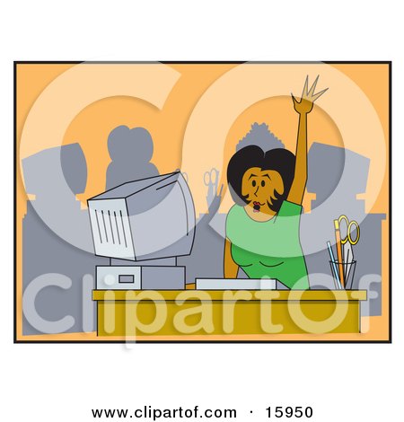 Female Student Or Secretary Seated At A Computer Desk, Raising Her Hand For Assistance Clipart Illustration by Andy Nortnik