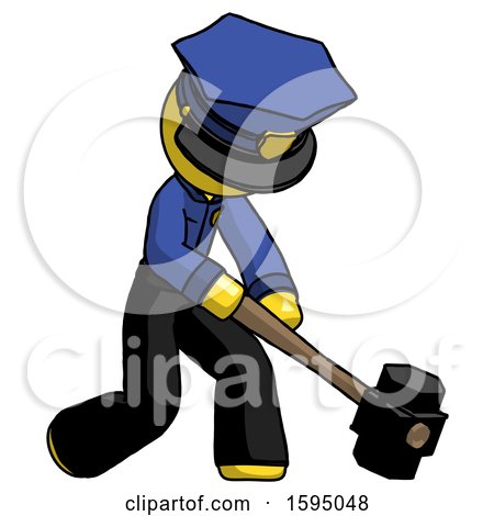 Yellow Police Man Hitting with Sledgehammer, or Smashing Something at Angle by Leo Blanchette