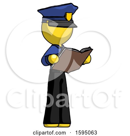 Yellow Police Man Reading Book While Standing up Facing Away by Leo Blanchette