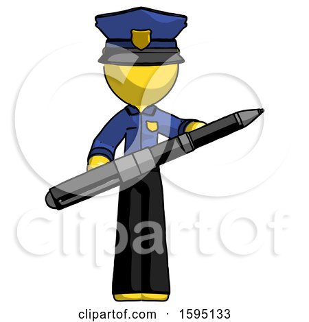 Yellow Police Man Posing Confidently with Giant Pen by Leo Blanchette